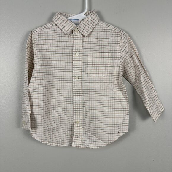 Janie and Jack Boys 2T Long Sleeve Button Down Shirt Plaid Beige White - Picture 1 of 3